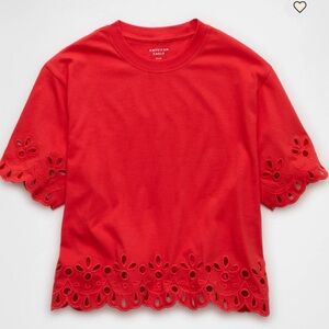 American Eagle Red Eyelet Trim Top